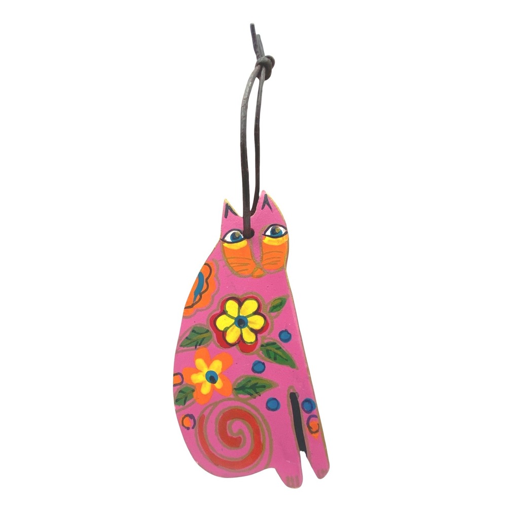 Laurel Burch Pink Floral Wooden Cat Bag Charm Key Chain Hand Painted Folk Art